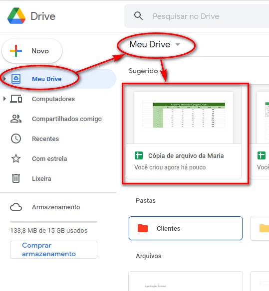 Google Drive: Exibição da cópia do arquivo